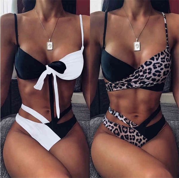 

2022 new fashion leopard cross split bikini swimsuit women, White;black