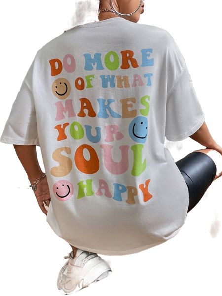 

slogan & cartoon face print drop shoulder tee x9fk#, White