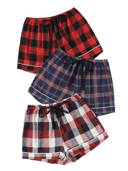 

3pcs plaid tie waist contrast binding sleep shorts t2sa#, Black;red