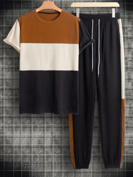 

men color block tee & drawstring waist sweatpants e5kn#, Gray