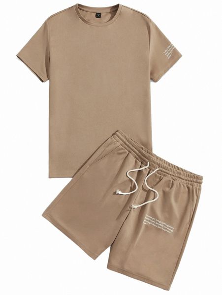 

men slogan graphic tee & drawstring waist shorts c28q#, Gray