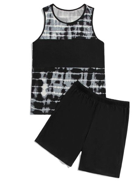 

men tie dye tank & shorts pj set d68r#, Black;brown