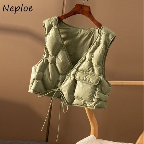 

neploe cropped womens waistcoat fashion drawstring solid color cotton waistcoats sleeveless outerwear winter vest jacket female 220817, Black;brown