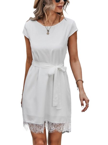 

batwing sleeve eyelash lace trim belted dress t9eb#, Black;gray