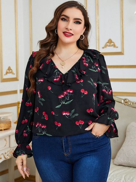 

plus cherry print ruffle trim flounce sleeve blouse 94do#, Black
