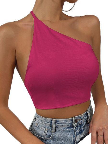 

solid one shoulder tie backless crop h8ya#, White