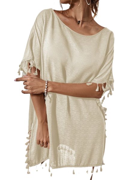 

tassel trim slit thigh cover up v20r#, White;black