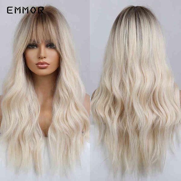 

emmor synthetic ombre blonde platinum wigs for women with bangs long wavy wig party daily heat resistant fibre hair 220622, Black