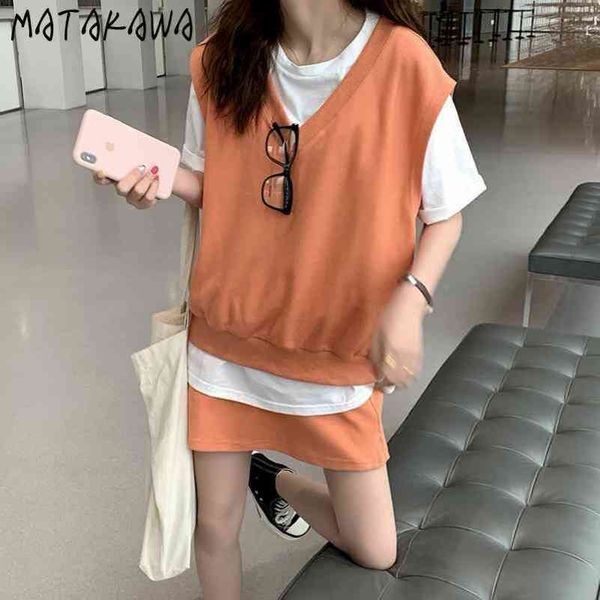 

korean sweet vneck sleeveless vest loose causal knitted vest drawstring waist mini skirt two pieces set for women 210506, White