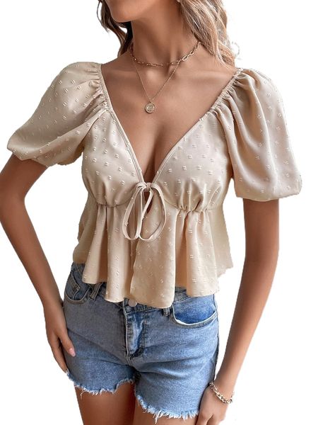 

knot front puff sleeve peplum blouse 90mb#, White