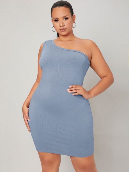 

plus solid one shoulder bodycon dress a57d#, Black