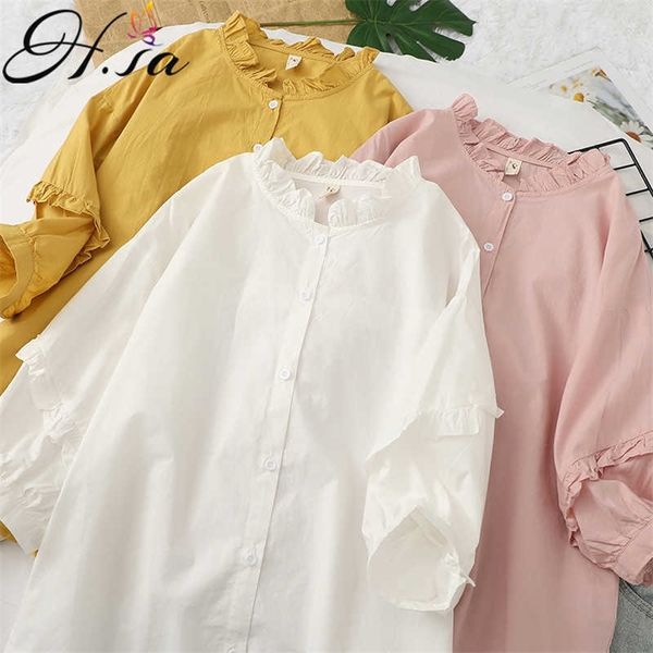Kadınlar için Hsa Bluzlar Moda Beyaz Gömlek Pembe Peter Pan Yırtığı Sevimli Pembe Pamuk Yaz Üstü Şık Harajuku Bluz 210716