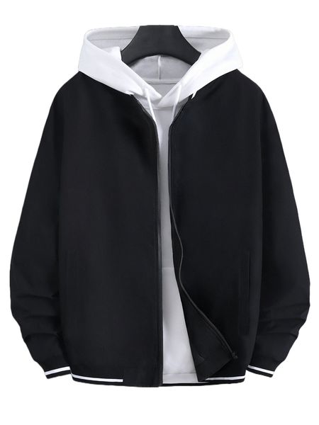 

men 1pc striped trim drop shoulder bomber jacket x8f0#, Black;brown