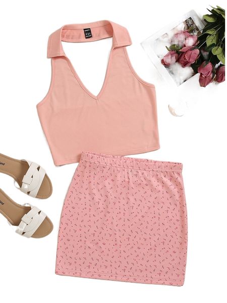 

solid halter & ditsy floral skirt r3g9#, White