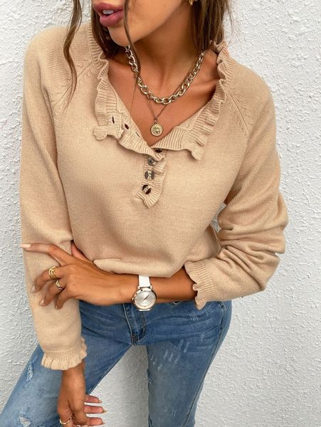 

frill trim half button raglan sleeve sweater t8pw#, White;black