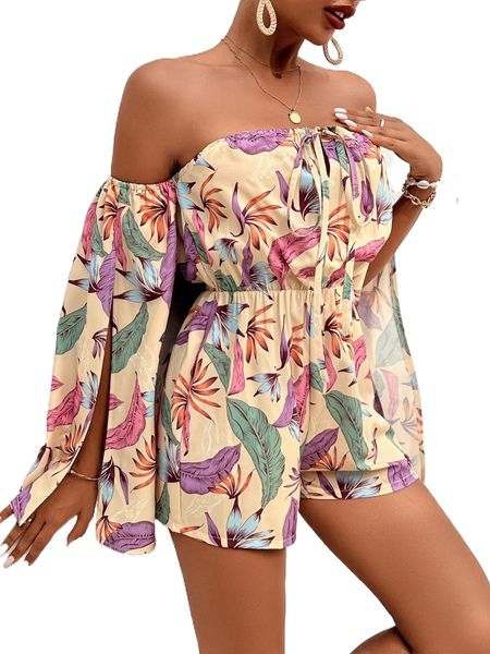 

leaf print off shoulder knot front split sleeve romper l6ep#, Black;white
