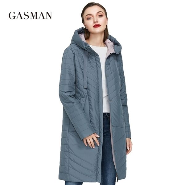 

gasman autumn fashion slim thin down women pocket hoodies solid space cotton female long jacket coat spring y201012, Black