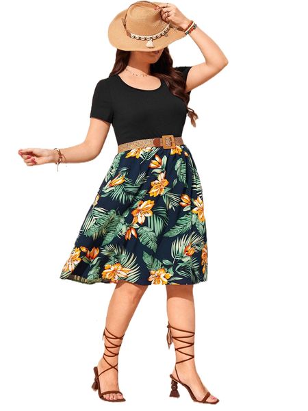 

plus tropical print dress without belt 19sr#, Black