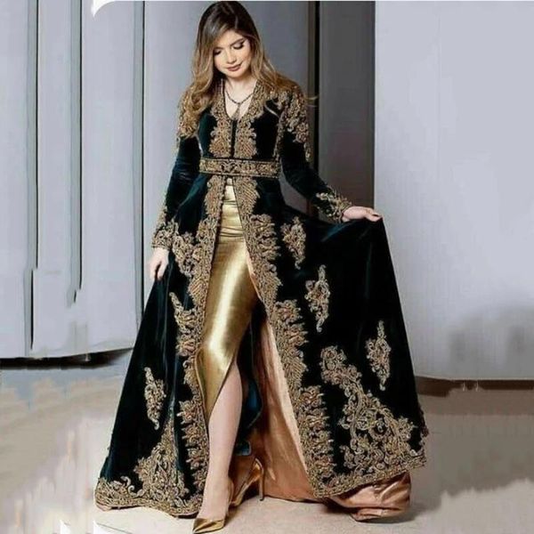 Marokkanischer Kaftan Elkadi Algerischer Samt Abendkleider Jägergrün Split Gold Applikationen Spitze Muslimischer Abschlussball Formelle Kleider Dubai Arabisch Lange Ärmel