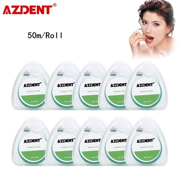 

10 rolls azdent dental flosser 750d oral hygiene teeth cleaning mint flavor with wax 50m/roll green color with box 220708