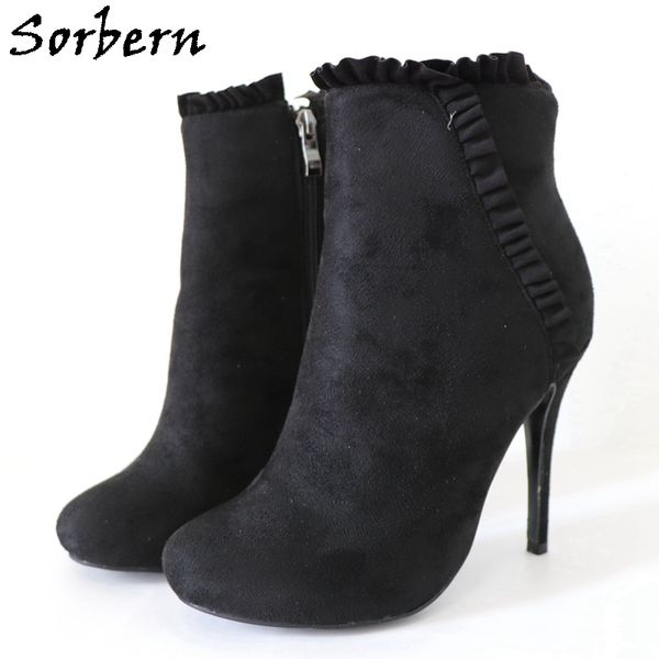 

sorbern black faux suede pleated boots women ankle high stilettos high heel round toe side zipper custom service size eu33-48