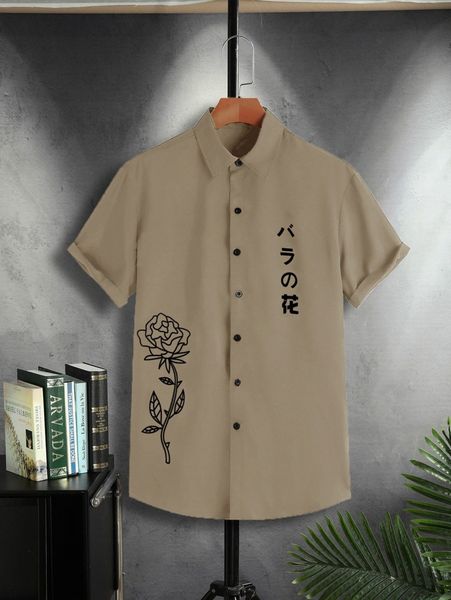 

men floral and japanese letter graphic shirt n9it#, White;black