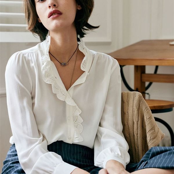 

spring autumn retro french lace blouse shirt women female loose shirts long sleeve elegant 220810, White