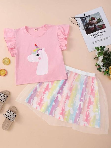 

girls unicorn print flutter sleeve tee & contrast mesh skirt she, White