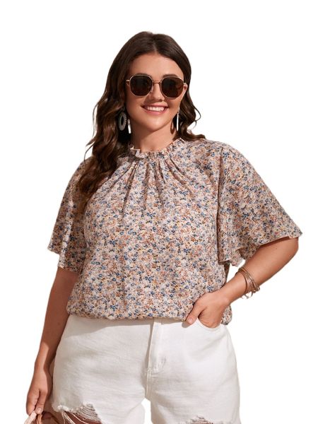 

plus ditsy floral frill trim blouse z6fi#, Black