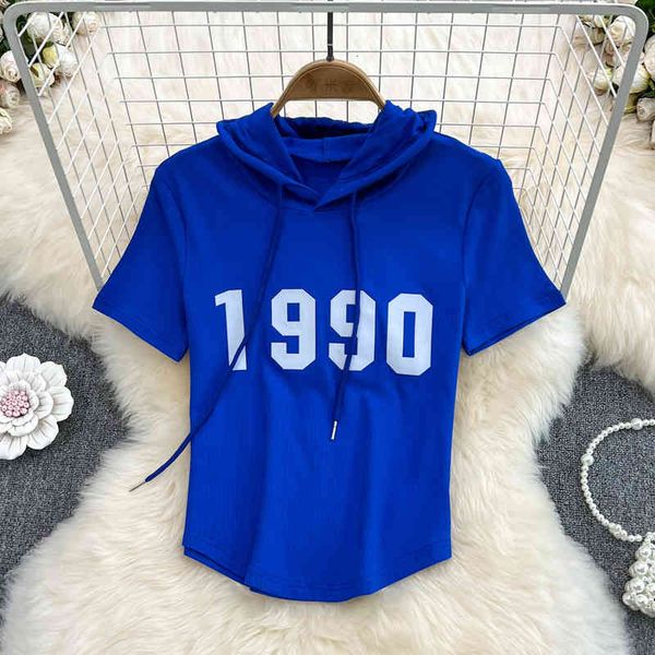 

women's t-shirt european short high waist hooded t-shirt women's 2022 summer casual irregular slim sleeve gw4u, White