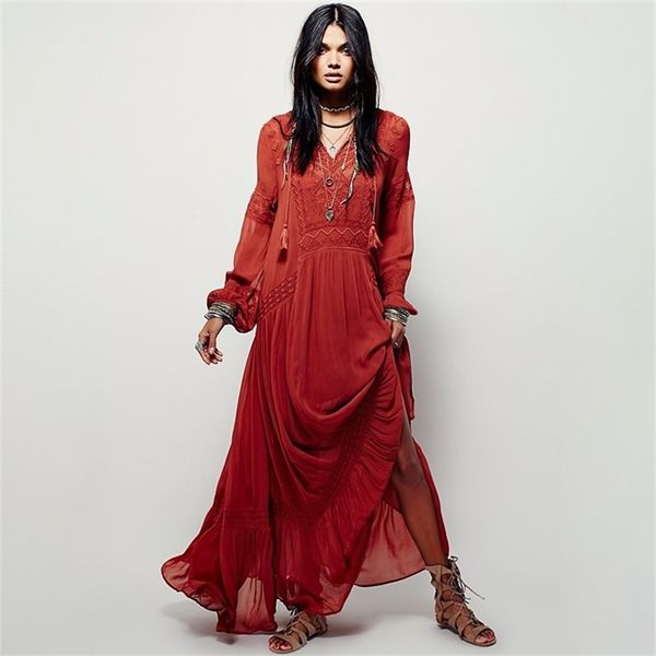 

ethnic embroidery elegant long dress women casual long sleeve v neck dresses ladies white boho hippie beach maxi dress 210320, Black;gray