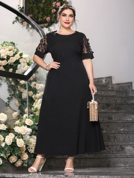 

plus contrast mesh applique dress j7mp#, Black