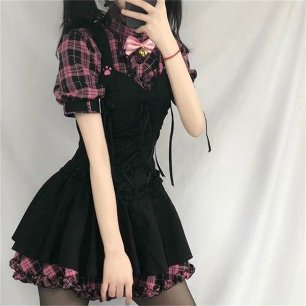 

summer dresses for women plaid kawaii pink clothes short sleeve strap midi dress lolita harajuku cottagecore robe y2k 220621, Black;gray