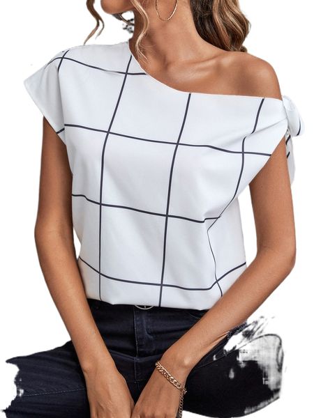 

windowpane print asymmetrical neck blouse 16hj#, White