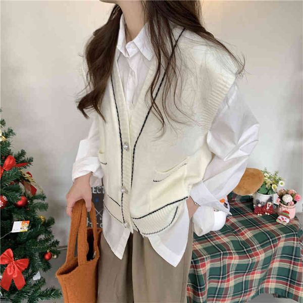 

women's vests spring and autumn knitted vest double pocket design short stripe knitted vest ki33, Black;white