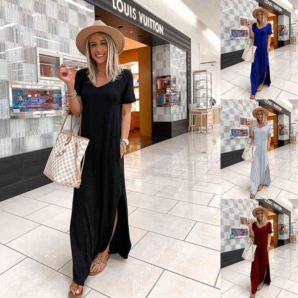 

ladies t-shirt dress women summer beach bohemian elegant party v-neck casual pocket loose dress soft pgraphic clothing g220309, White