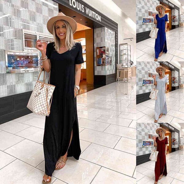 Damen T-Shirt Kleid Frauen Sommer Strand Bohemian Sexy Elegante Party V-Ausschnitt Lässige Tasche Lose Kleid Weiche Fotokleidung G220309