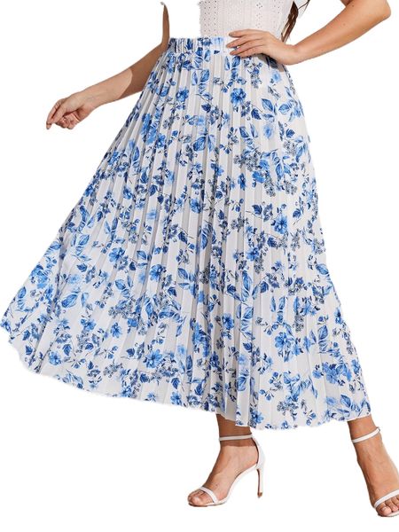 

plus high waist floral print pleated skirt e5h6#, Black