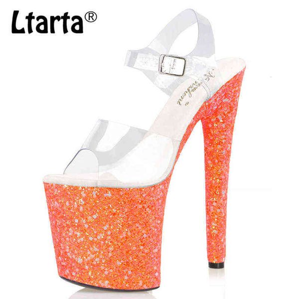 Sandali Ltarta 20 cm Arancione Amanti Sexy Glitter Pole Dance Trasparente Tacchi alti Bocca di Pesce Modello Passerella Sandali da discoteca Lyp 220318