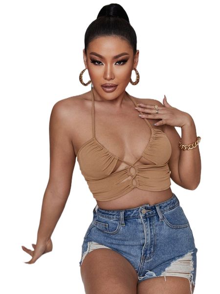 

solid cut out backless crop halter d8wi#, White