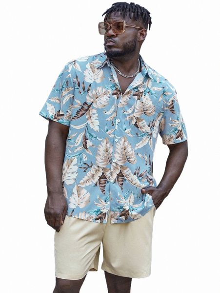 

extended sizes men tropical print shirt & solid shorts g6fd#, Gray