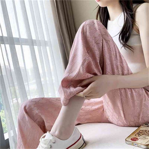 

women's pants capris pink ice silk wide legged pants women's summer thin high waist hanging straight tube loose sunscreen jacquard, Black;white