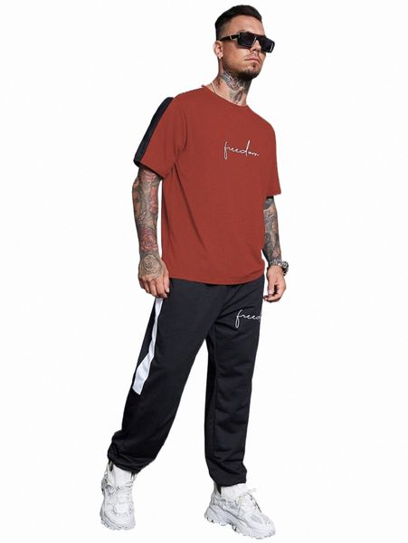 

extended sizes men letter graphic contrast side seam tee & pants k6zj#, Gray