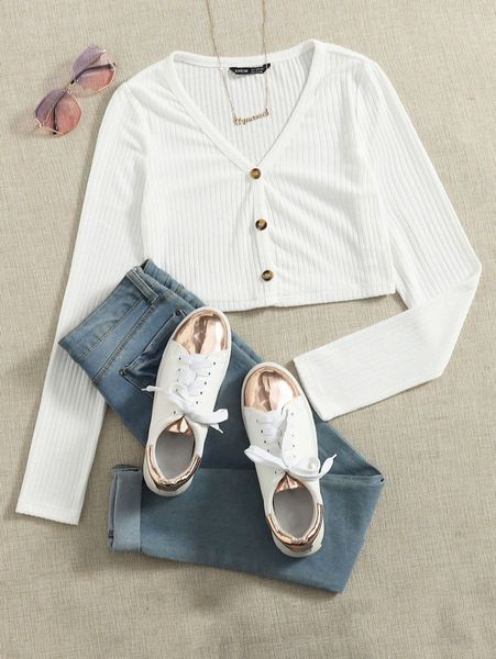 

button front rib-knit crop tee v9fe#, White