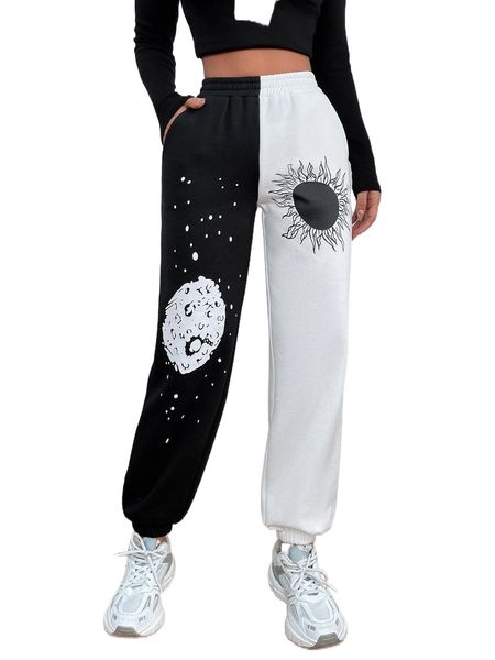 

petite two tone sun & planet print sweatpants t1s1#, Black;white