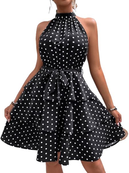 

polka dot halter belted layered dress 10kq#, Black;gray