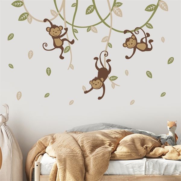 Boho Monkey Hanging on Branch Leaves Jungle Wall Sticker Nursery Vinile Adesivo Ragazzi Baby Bedroom Sala giochi Interior Home Decor 220613