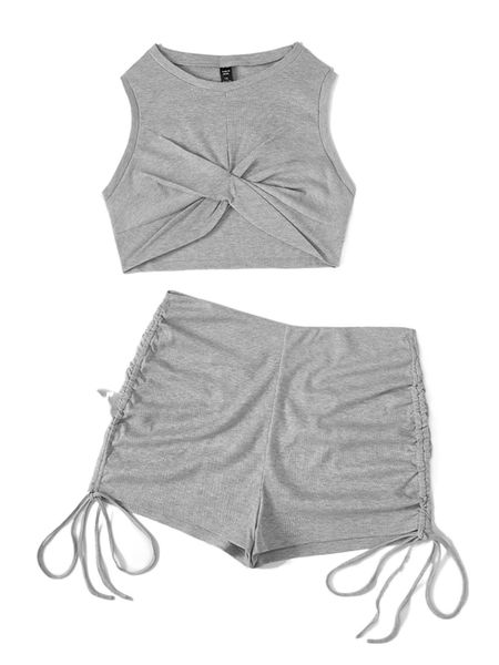 

plus rib-knit tank & drawstring side shorts g9jy#, Black
