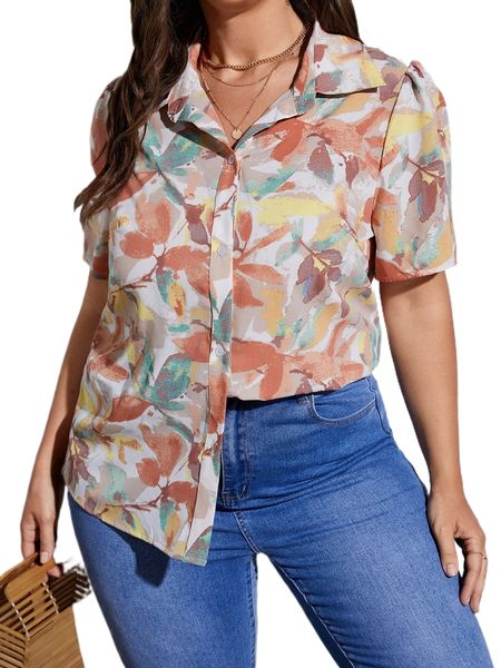 

plus leaf print puff sleeve shirt o037#, Black
