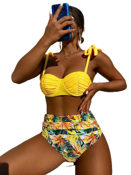 

plant print ruched push up bikini swimsuit n1y0#, White;black